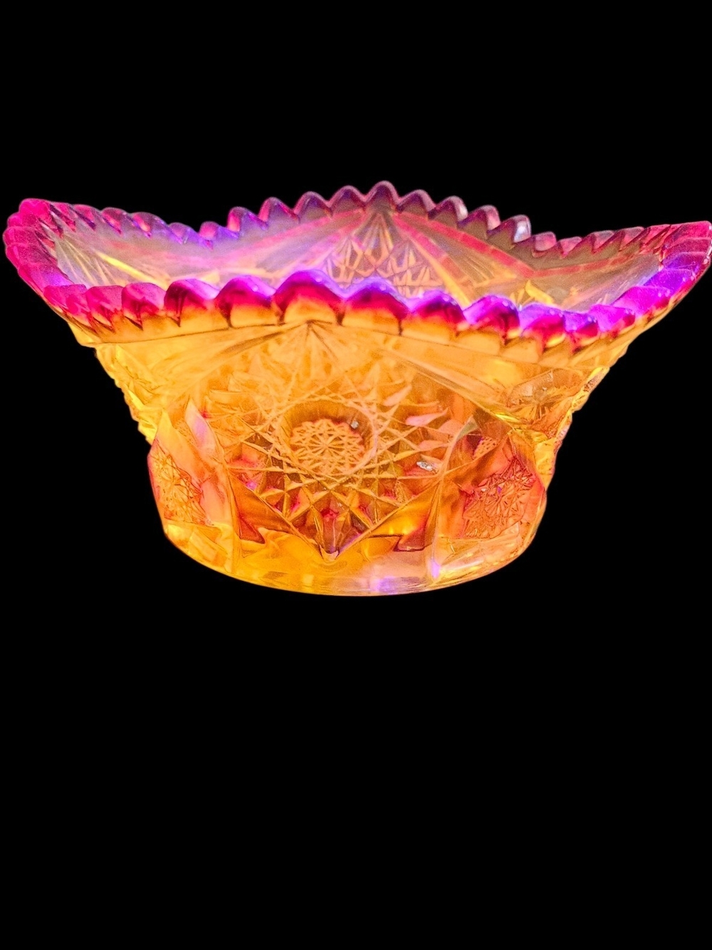 Mid-Century Amberina Pressed Glass Candy Dish - Red & Yellow Glow Glass Unmarked